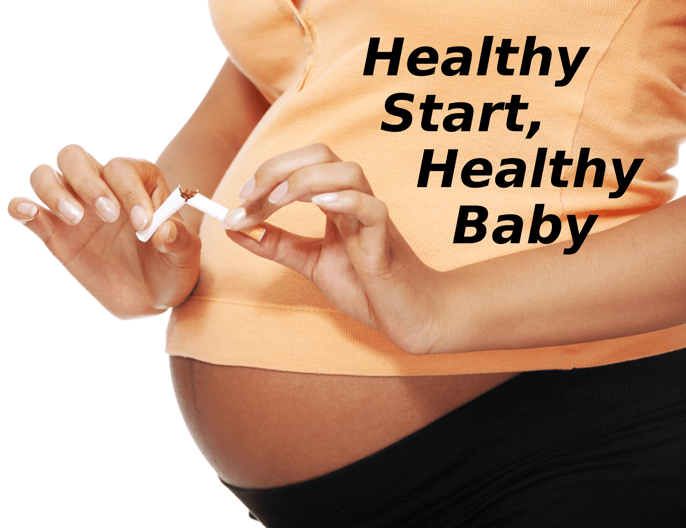 Pregnant woman breaking cigarette in two.